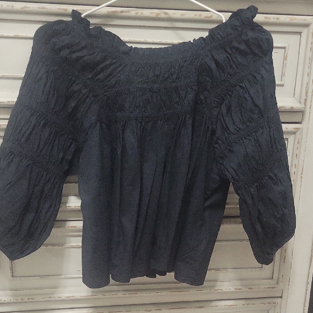 Free People Black Smocked Off-Shoulder Peasant Blouse